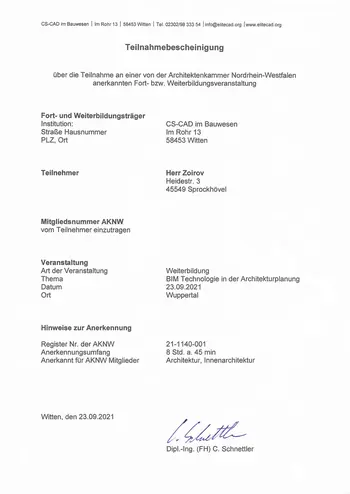 Fortbildungsbescheinigung BIM Technologie in der Architekturplanung der CS-CAD im Bauwesen für Akbar Zoirov