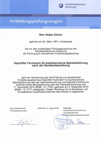 Zertifikat der HwK Dortmund: Geprüfter Fachmann für kaufmännische Betriebsführung nach Handwerksordnung für Akbar Zoirov