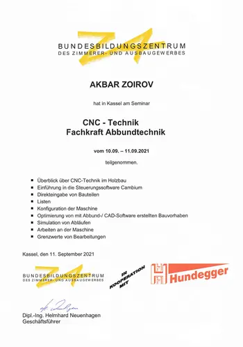 Seminarbescheinigung CNC-Technik Fachkraft Abbundtechnik des Bubiza in Kassel für Akbar Zoirov