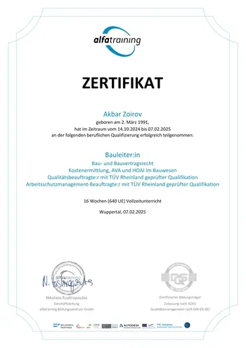 Kombizertifikat von alfatraining als Bauleiter für Akbar Zoirov