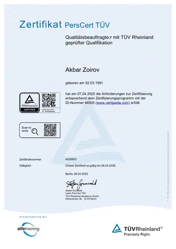 Zertifikat des TÜV Rheinland zum Qualitätsbeuaftragten für Akbar Zoirov