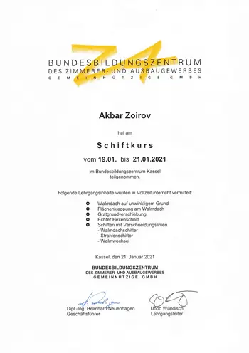Teilnahmebescheinigung für Schiftkurs des Bubiza Kassel für Akbar Zoirov