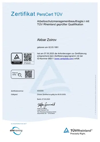 Zertifikat des TÜV Rheinland zum Arbietschutzmanagmentbeauftragten für Akbar Zoirov