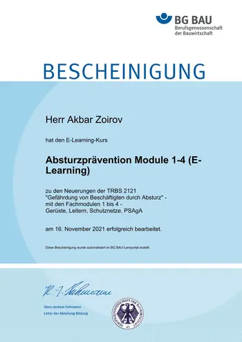 E-Learning-Bescheinigung der BG Bau zur Absturzprävention für Akbar Zoirov