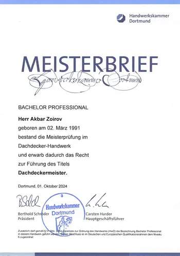 Meisterbrief (Bachelor Professional) der HwK Dortmund im Dachdecker Handwerk für Akbar Zoirov
